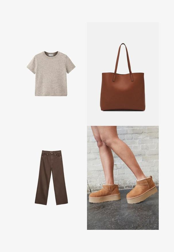 Beige kortärmad tröja i mjukt stickat material. Har rund halsringning och ribbade fållar. Enkel och minimalistisk design.; Breda bruna jeans i denim med hög midja, framfickor och klassisk knäppning. Slät textur med subtil sömnad.; Bruna mocka ankelskor med en fluffig foder, tjock beige plattformssula och en dragflik bak. Texturerad yta med synliga sömdetaljer.; Brun läder tote-väska med en slät textur, öppen toppdesign och två axelremmar. Har minimal söm och ingen synlig metalldetalj.