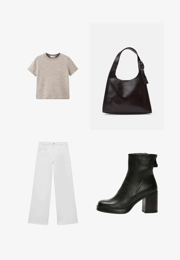 Beige kortærmet sweater lavet af blødt strikket materiale. Har en rund halsudskæring og ribbede kanter. Enkel og minimalistisk design.; Hvide vidde bukser i denim med flad front, to forlommer og knaplukning, med lige ben og uden synlige mønstre.; Sort læder ankelstøvle med rund tå, sidelukning med lynlås og en kraftig hæl. Har en glat tekstur og diskret sommerfugle-logo detalje.; Brun læder skuldertaske med en glat tekstur, rund form, bred rem og cirkulært metalaccent på håndtaget.