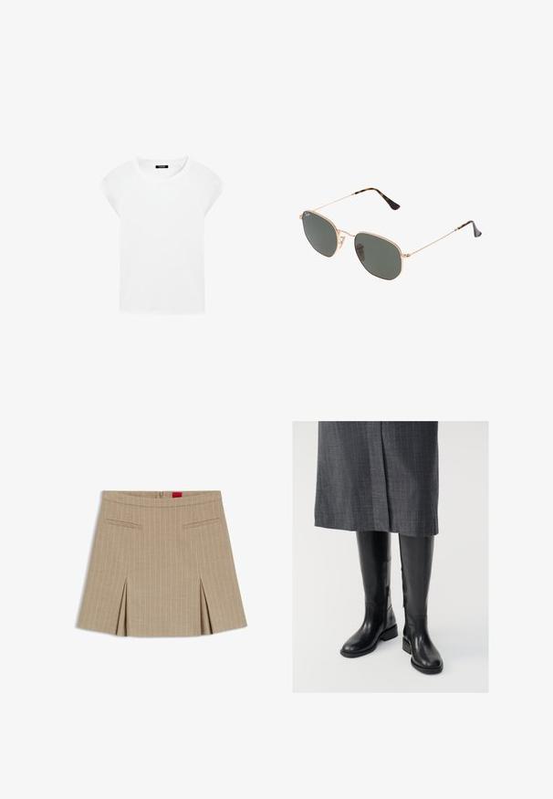 White short-sleeve t-shirt made of soft cotton with a round neckline and raglan sleeves, featuring a relaxed, straight cut without patterns.; Beige pinstriped skirt with a straight cut, featuring side pockets and a pleated hemline. Crafted from a smooth fabric with zipper closure.; Knee-high black leather boots with a smooth texture, side zippers, and a flat sole. The boots feature a structured shaft and minimal hardware.; Gold metal-frame sunglasses with dark green lenses, aviator style, featuring slim arms and tortoiseshell accents on the tips.; Brown suede handbag with a curved shape, leather accents, gold hardware, and a zip closure. Features a prominent logo plate.