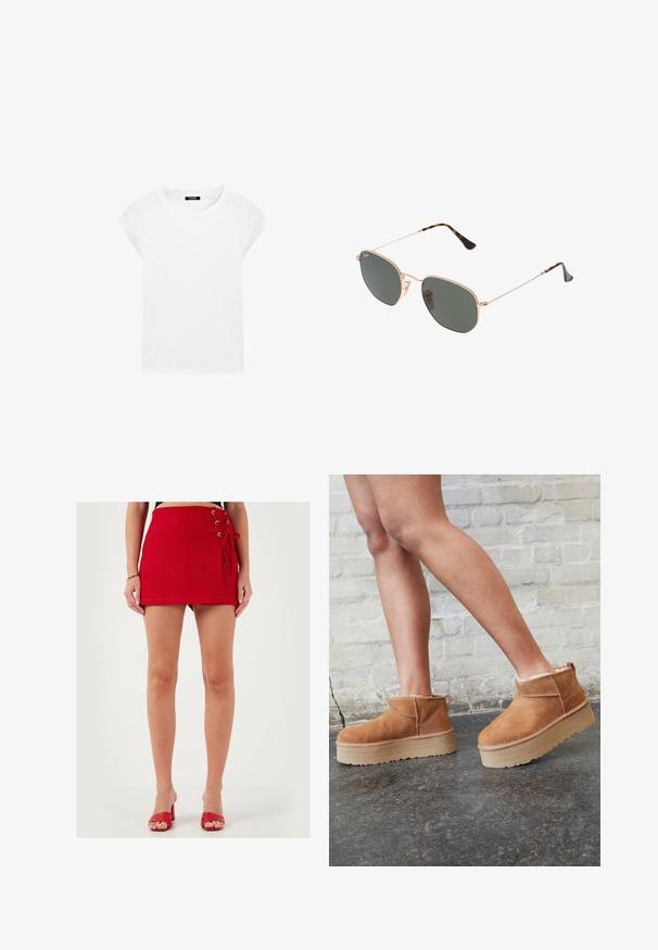 T-shirt blanc à manches courtes en coton doux, avec un col rond et des manches raglan, présentant une coupe droite et décontractée sans motifs.; Mini jupe rouge en tissu doux, avec des détails de laçage sur le côté avec des œillets en métal. Coupe droite et texture lisse, portée avec des sandales à talons rouges.; Bottines en suède marron avec une doublure en peluche, semelle épaisse en beige et une poignée à l'arrière. Surface texturée avec des détails de couture visibles.; Lunettes de soleil en métal doré avec des verres vert foncé, de style aviateur, dotées de branches fines et d'accents en écaille de tortue sur les embouts.; Sac à main en daim marron avec des anses allongées, de forme rectangulaire et une texture lisse. Pas de matériel ou d'embellissements visibles.
