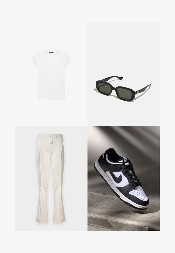 White short-sleeve t-shirt made of soft cotton with a round neckline and raglan sleeves, featuring a relaxed, straight cut without patterns.; Light beige flared pants with ribbed texture, featuring a drawstring waist and raw edges along the side seams and hem.; Black and white Nike Dunk Low sneaker with leather upper, perforated toe box, and black laces, featuring a white sole and logo accents.; Black rectangular sunglasses with solid green lenses, featuring a glossy finish and a gold logo accent on the side.; Black quilted leather handbag with a chain strap featuring a decorative charm. Soft texture, structured shape, and a slouchy silhouette.