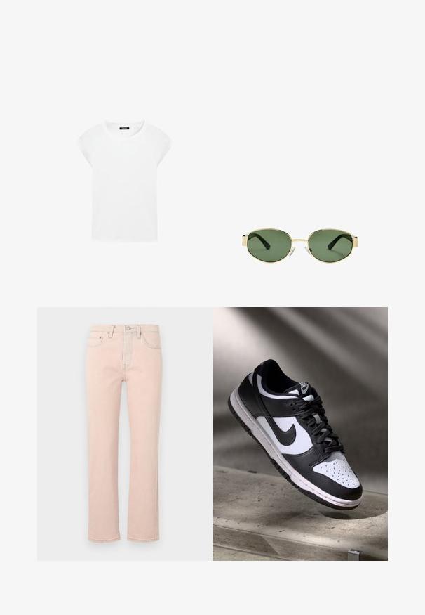 Vit t-shirt med kort ärm gjord av mjuk bomull, med rund halsringning och raglanärmar, med en avslappnad, rak passform utan mönster.; Ljust rosa denimjeans med rak ben, femfickorsdesign och knäppt metalldrag. Slät textur och minimala sömdetaljer.; Svart och vit Nike Dunk Low sneaker med ovandel i läder, perforerad tånbox och svarta snören, med en vit sula och logotypdetaljer.; Guldmetallramade solglasögon med gröna tonade linser, oval form, svarta skalmar och klara näsaskar. Rent, minimalistiskt design.
