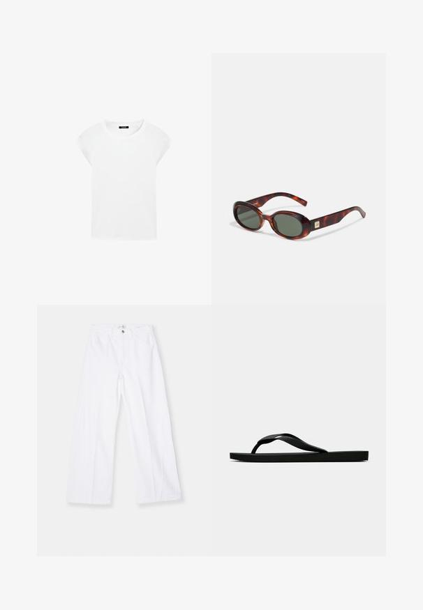 Weißes, kurzärmliges T-Shirt aus weicher Baumwolle mit rundem Ausschnitt und Raglanärmeln, das einen lockeren, geraden Schnitt ohne Muster aufweist.; FRAME BAGGY PALAZZO - Wide Leg - white; Schwarze Gummi-Flip-Flop-Sandale mit einem strukturierten Riemen und einfacher flacher Sohle, von der Seite auf einem schlichten hellen Hintergrund dargestellt.; Schildkrötenmuster Sonnenbrille mit dunklen Gläsern, ovaler Form und breiten Bügeln. Verfügt über eine kleine goldene Akzentuierung an der Seite. Hergestellt aus glattem Kunststoff.