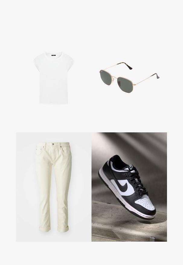 Witte t-shirt met korte mouwen, gemaakt van zachte katoen, met een ronde halsline en raglanmouwen. Het heeft een ontspannen, rechte snit en is zonder patronen.; Beige spijkerbroeken met een aansluitend ontwerp, voorzien van vijf zakken, een ritssluiting en opgerolde manchetten voor een cropped afwerking.; Zwart-witte Nike Dunk Low sneaker met een leren bovenwerk, geperforeerde neus, en zwarte veters, met een witte zool en logo-accenten.; Gouden metalen zonnebril met donkergroene lenzen, aviator-stijl, met slanke scharnieren en schildpad-accenten op de uiteinden.