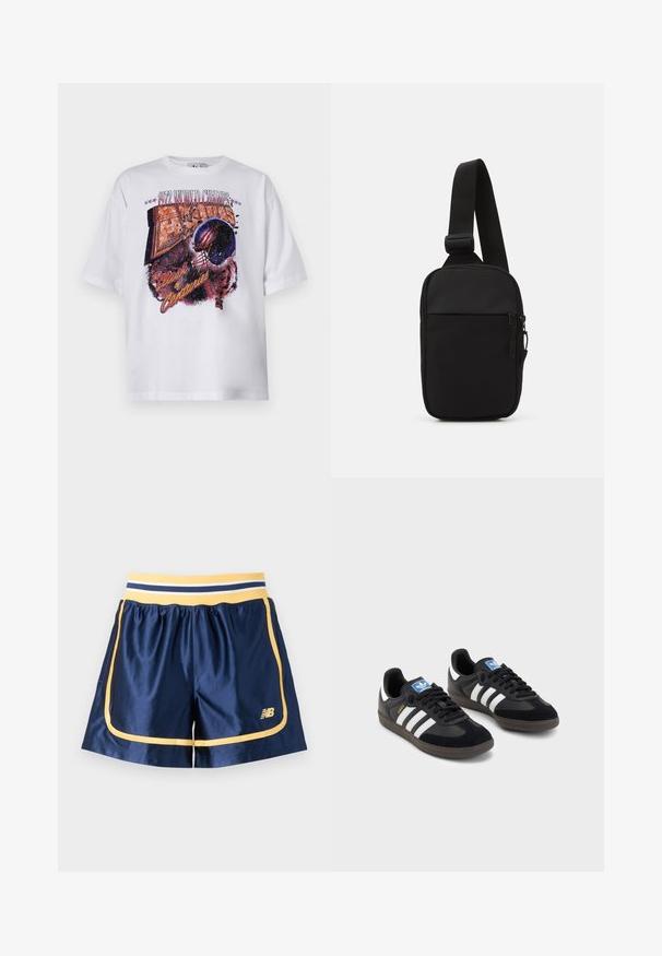 Hvit bomull t-skjorte med korte ermer, med et flerfarget grafisk trykk av en fotballhjelm og teksten "1972 VERDENSMESTERE."; Marineblå idrettsshorts med gule detaljer, med elastisk midje og sidelister. Laget av glatt, lett materiale.; Svarte sneakers med overdel i semsket lær og syntetisk materiale, med tre hvite striper, strukturert gummisåle og blå logoetikett på tungen.; Svart skulderveske laget av slitesterkt stoff, med en justerbar stropp, en glidelåslukking på hovedrommet og en frontlomme.