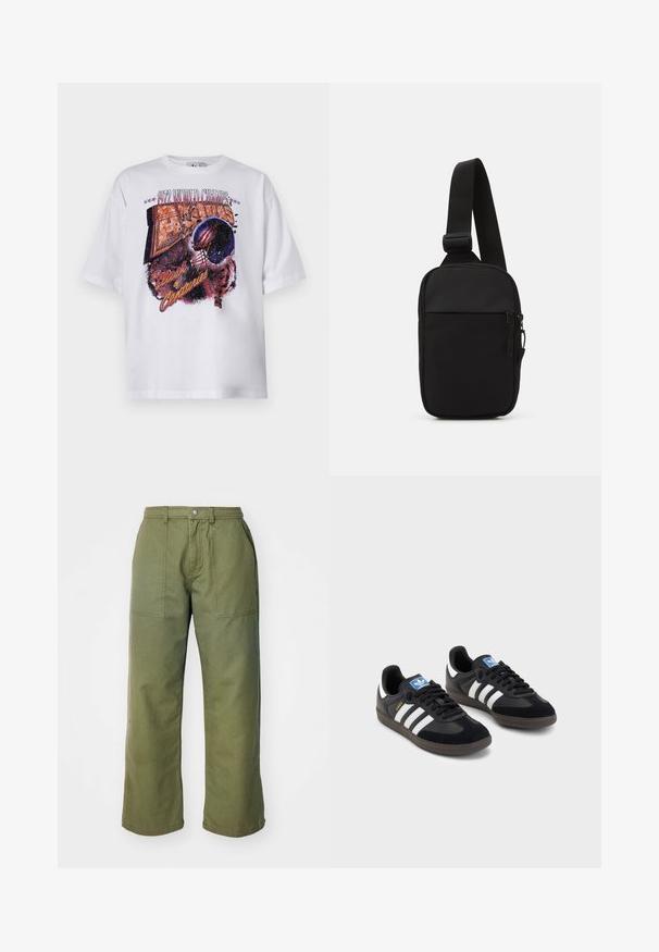 White cotton t-shirt with short sleeves featuring a multicolored graphic print of a football helmet and text "1972 WORLD CHAMPS."; Olive green wide-leg pants made of sturdy fabric, featuring a zipper fly, front pockets, and simple stitching details.; Black sneakers with a suede and synthetic upper, featuring three white stripes, textured rubber sole, and blue logo tag on the tongue.; Black crossbody bag made of durable fabric, featuring a single adjustable strap, a zippered main compartment, and a front pocket.