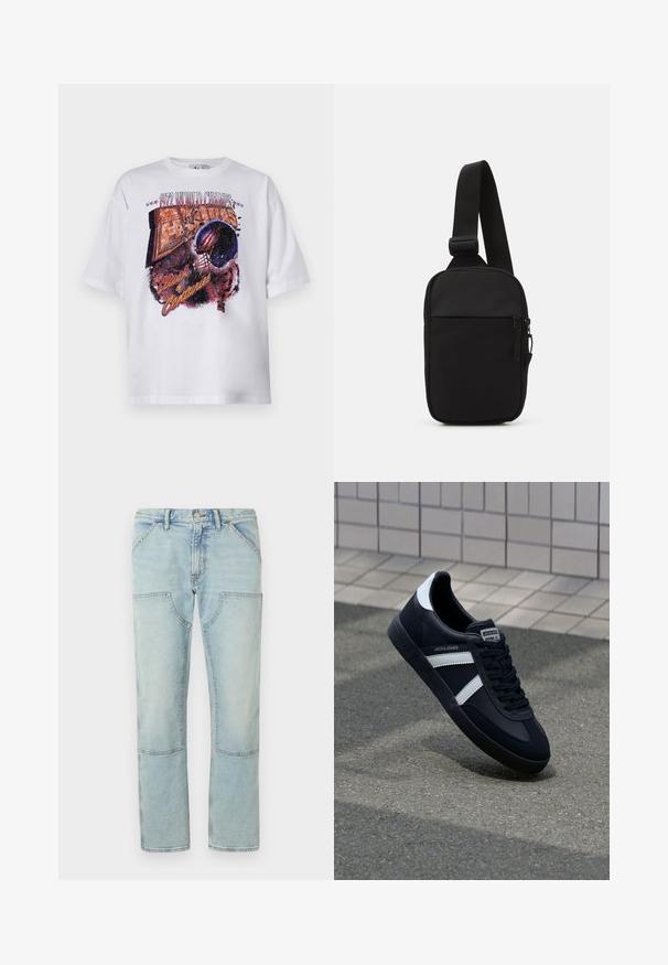 Biela bavlnená tričko s krátkymi rukávmi, ktoré má mnohofarebný grafický potlač futbalovej helmy a text "1972 SVETOVÍ ŠAMPÓNI."; Svetlomodré denimové džínsy s rovnými nohavicami, obsahujúce náprsné vrecká a vybledlý vzhľad. Zapínanie na gombík v páse, štandardné pútka na opasok.; Čierne kožené tenisky s bielymi pruhmi, textúrovanou gumovou podrážkou a šnurovaním vpredu. Obsahujú označenie značky na jazyku.; Čierna crossbody taška vyrobená z odolnej tkaniny, s jedným nastaviteľným popruhom, so zipsom na hlavnej priehradke a prednou kapsou.