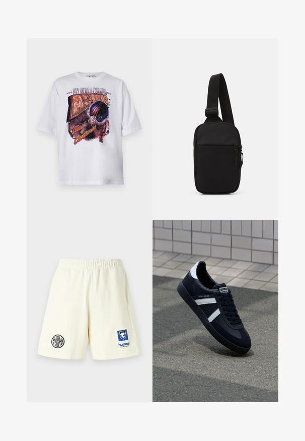 Fehér pamut póló rövid ujjakkal, multicolor grafikázott mintával, amelyen egy futballsisak és a "1972 WORLD CHAMPS" felirat látható.; Világos bézs sportnadrágok puha anyagból, rugalmas derékkal, és két logóval: egy kör alakú fekete emblémával és egy kék grafikával.; Fekete bőr sportcipő fehér csíkokkal, textúrált gumitalppal és fűzős elejével. A nyelvén márkás címke található.; Fekete keresztpántos táska, tartós anyagból készült, egy állítható pánttal, cipzáras főrekesszel és elülső zsebbel.