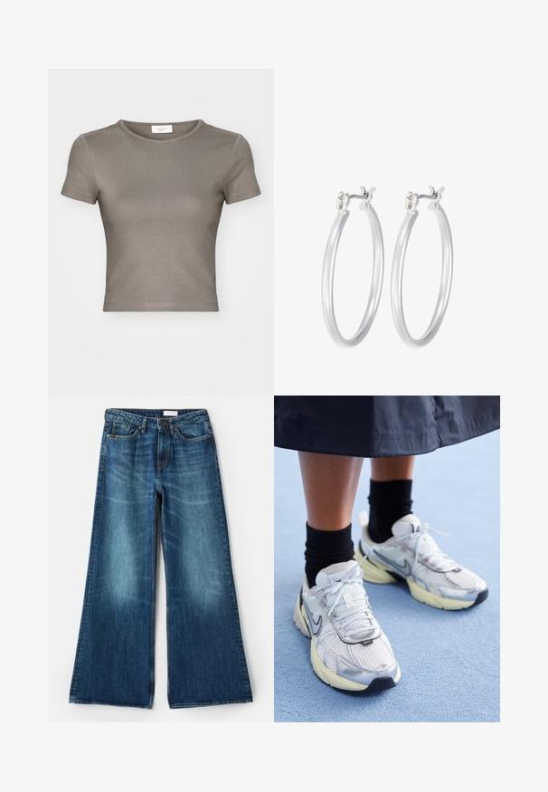 Kratkotonasta majica s kratkimi rokavi in okroglim izrezom v taupe barvi, izdelana iz gladkega bombaža. Značilnosti vključujejo oprijet kroj in fino šivanje ob robu ter rokavih.; Tiger of Sweden KINNE - Široke hlačnice - medium blue; Bele in srebrne Nike teniske z mrežasto tkanino, refleksnimi poudarki in bež podplatom. Nosi se z črnimi nogavicami, stoji na modri površini.; Srebrni obroči za ušesa z gladko, polirano površino. Okrogla oblika in varna zaponka s klikom. Lahka zasnova, primerna za vsakodnevno nošenje.