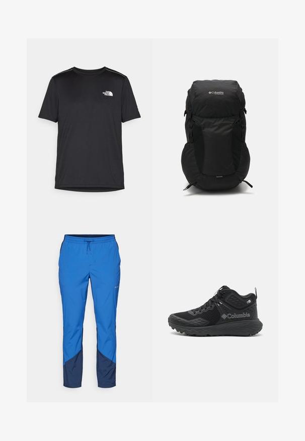 Camiseta negra de manga corta hecha de tejido ligero. Presenta un pequeño logo blanco en el lado izquierdo del pecho y sutiles acentos en los hombros.; Pantalones exteriores azul con cintura de cordón. Con acentos en navy cerca del dobladillo y los lados, hechos de una tela ligera.; Zapatos de senderismo negros con parte superior de malla, acentos texturizados, suela acolchada y un logotipo prominente. Cuenta con un sistema de cordones seguro y un tirador.; Mochila negra con parte superior redondeada, hecha de una tela duradera. Presenta bolsillos laterales de malla y una etiqueta para la funda de lluvia en la parte inferior.