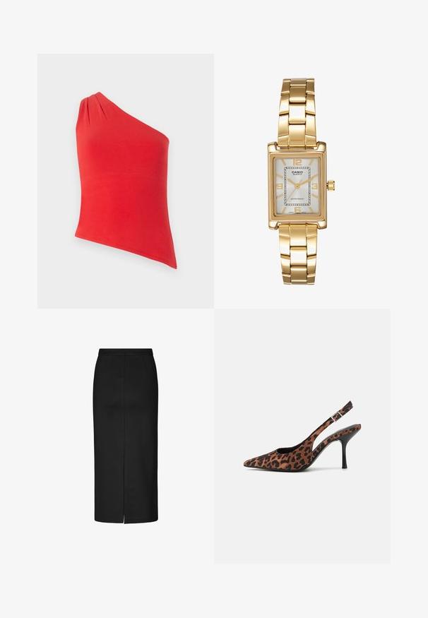 Haut rouge à une épaule en tissu lisse. Présente un détail froncé sur l'épaule. Design ajusté avec un ourlet droit.; Jupe crayon noire en tissu lisse, avec une coupe longueur genou, une fente latérale discrète et des coutures nettes. Aucun motif ni accessoire visible.; Escarpins slingback en imprimé léopard avec un embout pointu, un talon noir brillant et une bride ajustable à la cheville. Matériau doux avec une finition texturée.; Montre-bracelet rectangulaire dorée avec un cadran blanc, des index horaires argentés et un bracelet en métal durable. Fonction étanche incluse.