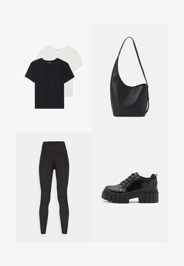 Dva kratka rukava T-majice u crnoj i bijeloj boji. Izrađene od mekog pamuka, s okruglim izrezom i standardnim krojem, s minimalnim detaljima šivanja.; Crne tajice visokog struka napravljene od rastezljivog materijala, s glatkom teksturom i uskim krojem za udobno i aerodinamično pristajanje.; Crne kožne platforme s debelim blok-peta, okruglim prstima i klasičnim dizajnom vezanja. Imaju gladak tekstur i minimalne detalje.; Crna kožna hobo torba s glatkom teksturom, zakrivljenim oblikom i jednom podesivom trakicom; ima širok otvor na vrhu.