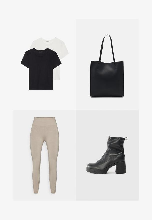Dwie koszulki z krótkim rękawem w kolorze czarnym i białym. Wykonane z miękkiej bawełny, z okrągłym dekoltem i standardowym krojem, z minimalnymi detalami przeszycia.; Beżowe legginsy z wysokim stanem, wykonane z gładkiego, elastycznego materiału. Posiadają dopasowany, zwężany fason oraz brak widocznych wzorów i elementów metalowych.; Czarne botki za kostkę wykonane z gładkiej skóry, wyposażone w boczny zamek błyskawiczny, masywny teksturowany obcas oraz zaokrąglony czubek.; Czarna skórzana torba tote o gładkiej fakturze, prostokątnym kształcie i dwóch długich uchwytach. Brak widocznych elementów metalowych i ozdób.