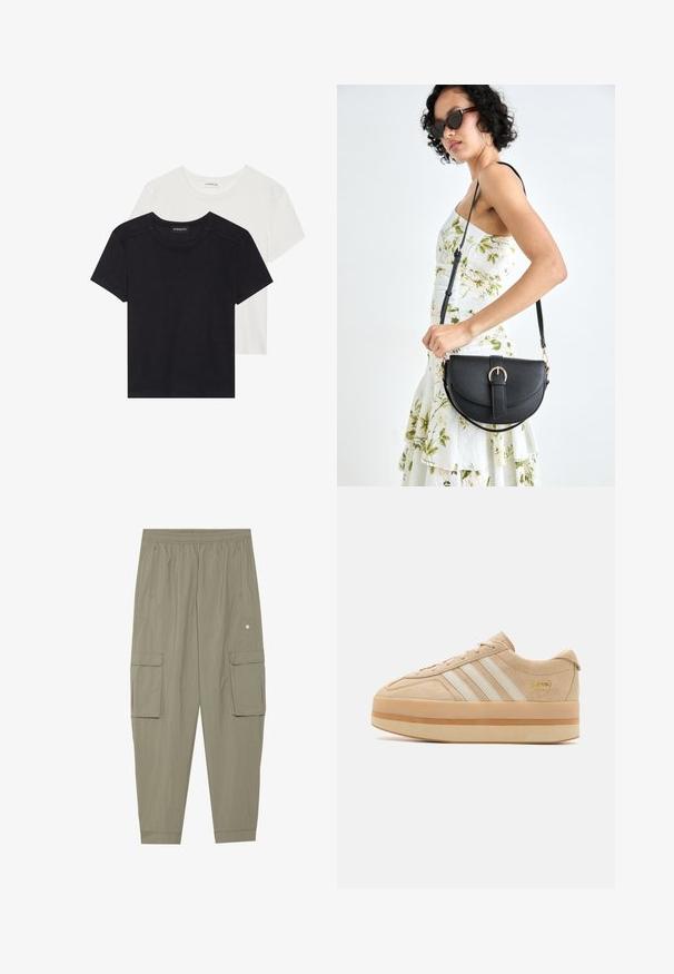 Dos camisetas de manga corta en negro y blanco. Hechas de algodón suave, con un escote redondo y un ajuste estándar con un detalle de costura mínimo.; Pantalones cargo de tela verde oliva con cinturilla elástica, bolsillos laterales y dos grandes bolsillos frontales. Textura suave y ligera.; Zapatillas de plataforma de ante beige con tres rayas blancas, punta redonda y suela de goma beige que presenta un acento de logo dorado en el lateral.; Bolso de piel negra con forma curva, correa desmontable y herrajes dorados. El bolso cuenta con una solapa con un detalle de hebilla.