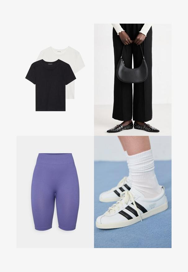 Kaks lühikeste varrukatega T-särki must ja valge. Valmistatud pehmest puuvillast, ümarat kaelust ja standardset sobivust, millel on minimaalne õmblemise detail.; Lilla kõrge vöökohtaga jalgrattapüksid ribatekstuuri, sobiva disaini ja keskmise reie pikkusega. Ilma märgatava riistvara või mustriteta.; Valge nahast spordijalatsid mustade triipudega, kreemjasel tallal ja heledate paelatega. Kandmine valgete ribadega sokkidega, paigutatud sinise taustaga.; Must kastmeest räbal nahast õlakott, ümar kuju, läikiv viimistlus ja hõbedased detailid. Inimene kannab musti laiu pükse ja studidega mokasíne.