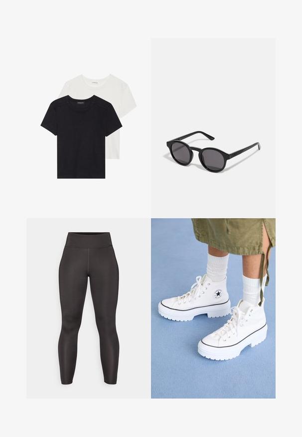 Two short-sleeve T-shirts in black and white. Made of soft cotton, featuring a round neckline and standard fit with minimal stitching detail.; Black athletic leggings with a high waistband, made of smooth, stretchy fabric. Features a fitted design and seamless construction.; White high-top sneakers with a textured canvas upper, rubber toe cap, and thick white platform sole. Features black accents and eyelets.; Black sunglasses with a round, slightly wavy frame, dark lenses, and straight black arms. Smooth, glossy finish with no visible patterns.