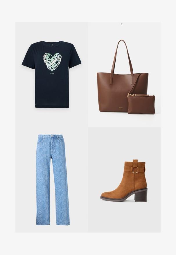 Tamsiai mėlynas medvilninis marškinėlis su širdies formos grafika, kuri yra žalios ir smėlio spalvos spiralėmis. Apvalus kaklas, trumpomis rankovėmis ir tiesiu iškirpimu.; Šviesiai mėlynos džinsinės kelnės su tekstūriniu gyvūnų raštu, tiesiu kirpimu, penkiomis kišenėmis ir metaliniu sagčiu.; Rudi odiniai aulinukai iki kulkšnių su apvalia nosimi, bloko kulnu ir dekoratyvine juostele su apvaliu sagtimi.; Ruda dirbtinė odinė rankinė su dviem ilgamis rankenomis ir atitinkamu mažu krepšiu. Paviršius turi tekstūruotą raštą ir auksinius apdailos elementus.