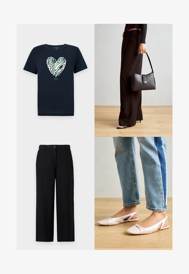 Navy blue cotton T-shirt with a heart-shaped graphic in green and cream swirl patterns. Crew neck, short sleeves, and a straight hem.; Black wide-leg pants made of a lightweight fabric, featuring a front button closure and belt loops. Smooth texture with no visible patterns.; Pale pink slingback flats with a pointed toe, made from a smooth leather-like material. Features cut-out details at the sides and a flat heel.; Black handbag with structured shape, smooth texture, and a metallic clasp. Paired with wide black pants and open-toe sandals on wooden floor.