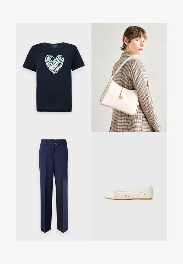 Navy blue cotton T-shirt with a heart-shaped graphic in green and cream swirl patterns. Crew neck, short sleeves, and a straight hem.; Navy blue tailored trousers with a straight-leg design, featuring a smooth texture and a small heart-shaped accent on the waistband.; Pointed-toe flat in cream leather with transparent upper featuring scattered rhinestones. Soft sole for comfort, minimalistic design.; White leather handbag with a structured design, featuring a magnetic clasp and a shoulder strap, showcased against a neutral background.
