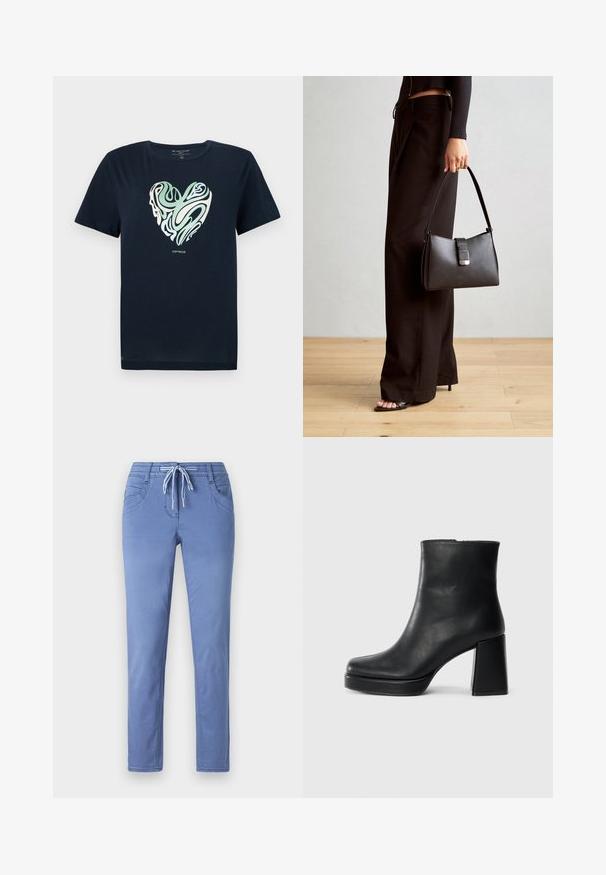 Mörkblå bomulls-T-shirt med ett hjärtformat grafiskt mönster i gröna och krämfärgade virvlande mönster. Rund hals, korta ärmar och rak nederkant.; Ljusblå byxor med dragsko i midjan, två framfickor och en smal passform. Tyget har en mjuk textur med subtila sömdetaljer.; Svart läderankelboot med blockklack och platåsula, sedd från sidan på en enkel vit bakgrund.; Svart handväska med strukturerad form, slät yta och metallspänne. Matchad med vida svarta byxor och sandaler med öppen tå på trägolv.