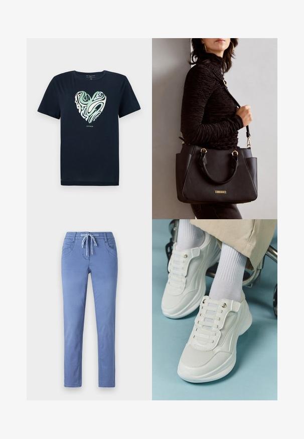 T-shirt in cotone blu navy con una grafica a forma di cuore in motivi a spirale verde e crema. Collo a giro, maniche corte e orlo dritto.; Pantaloni azzurri chiari con vita regolabile, due tasche frontali e una vestibilità slim. Il tessuto ha una consistenza morbida con dettagli di cucitura sottili.; Sneaker bianchi realizzati in materiale a rete, suola in gomma, design senza lacci con bande elastiche e dettagli in tonalità oro.; Borsa nera con superficie texturizzata, manici superiori doppi e tracolla regolabile. Dotata di hardware color oro e tasche laterali.