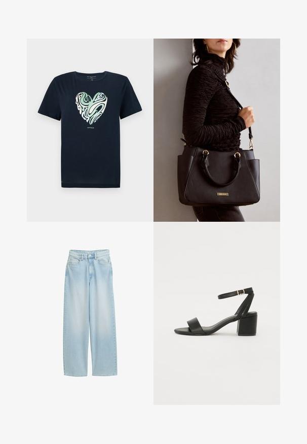 Camiseta de algodón azul marino con un gráfico en forma de corazón en patrones en espiral verde y crema. Cuello redondo, mangas cortas y dobladillo recto.; Vaqueros de pierna ancha en azul claro, fabricados en denim, con cintura alta, bolsillos frontales, cierre de botón y detallado de costura clásica.; Sandalia de tacón negro con parte superior de cuero suave, punta abierta, tiras frontales anchas y correa ajustable en el tobillo con detalle de hebilla dorada.; Bolso negro con superficie texturizada, doble asa superior y correa para hombro ajustable. Presenta herrajes en tono dorado y bolsillos laterales.