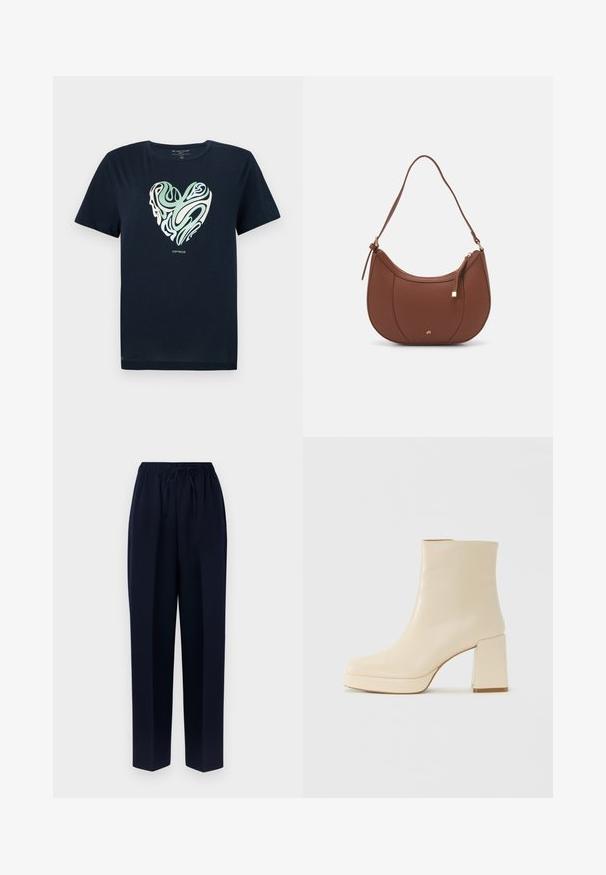 Mornarsko modra bombažna majica s podatkovnimi grafikami v obliki srca v zelenih in smetanastih spiralah. Okrogli izrez, kratki rokavi in ravni rob.; Mornarsko modre hlače širokih nogavic z elastiko in nastavljivo vrvico. Narejene so iz gladkega materiala s ravno silhueto in brez žepov.; Bež usnjena gležnjarica z blok peto in platformo, gladka površina in rahlo kvadratni prst, obrnjena levo na belem ozadju.; Rjava usnjena torbica z ramenskim ročajem, ukrivljene oblike, minimalnim šivom in zlato-tonirano kovinsko dekoracijo. Ima zgornje zapiranje na zadrgo in nastavljiv trak.