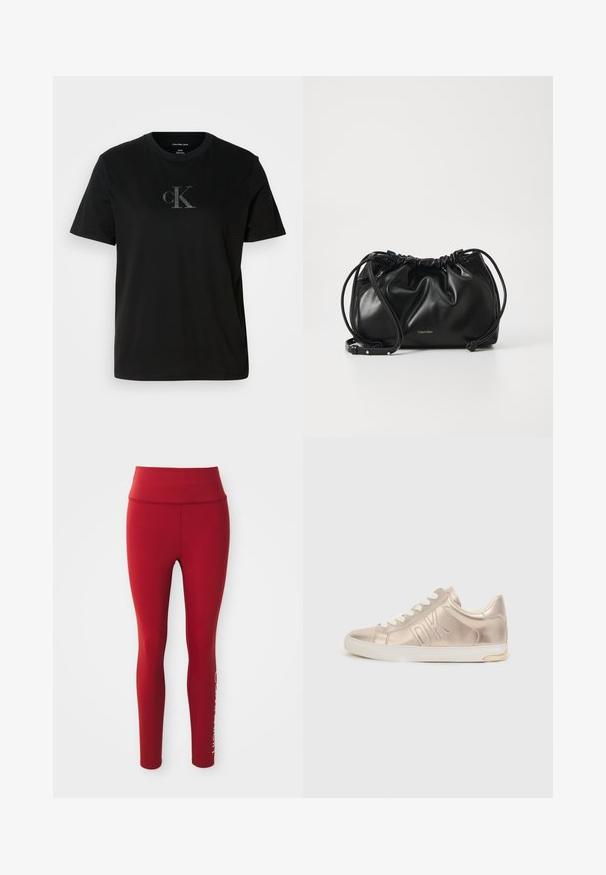 Sort bomulds t-shirt med korte ærmer, der har et diskret gråt cK-logo på brystet. Rund halsudskæring og afslappet pasform med lige kant.; Røde højtaljede leggings i fuld længde med synlig sidesyning og delvist hvidt brandlogo på nederste højre ben mod hvid baggrund.; Metallic guld sneakers med hvide snørebånd, der har et præget "DK" logo på siden, rund tå og en tekstureret læderfinish. Hvid sål med guldaccent.; Sort læderhåndtaske med samlet design, dobbelt snørelukning og aftagelig skulderrem. Har metal-logo detaljer.