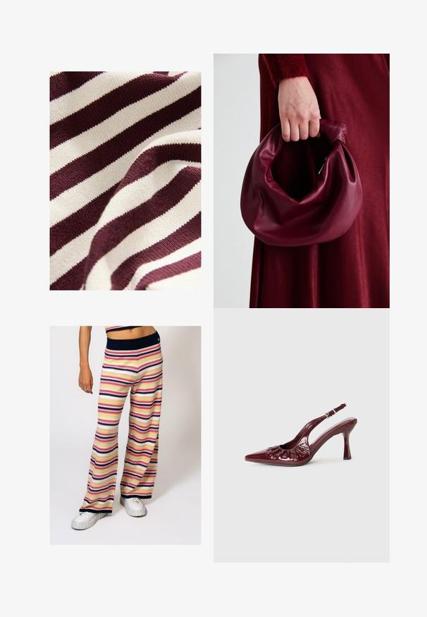 Kootud kangas, mis sisaldab vahelduvaid tumepunase ja kreemikaid ribasid. Tekstuur on sile ja kerge venitusega, näidates klassikalist riba mustrit.; Ribadehvised laiad püksid on varustatud horisontaalsete triipudega roosa, kollase, mereväe ja valge värviga, millel on mereväe soonikkoes vöökoht ja pehme tekstuur.; Burgundi patendnahast slingback kontsad koos terava varbaga ja volditud detailidega, omades peenikest kontsa ja reguleeritavat pahkluu rihma.; Burgundia värvi nahk käekott, millel on pehme, kokku tõmmatav disain ja ümar kuju. Käepide on kindlalt kinnitatud, näidates siledaid pindu.