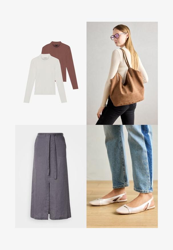 Két hosszúujjú garbós felső: az egyik fehér, a másik rozsdabarna, könnyű, rugalmas anyagból készült, testhez simuló fazonnal.; Szürke len midi szoknya, elülső hasítékkal, derékpánttal és sima textúrával, egyszerű dizájnnal és egyenes szabással.; Világos rózsaszín slingback laposlábú cipők, hegyes orral, sima bőrhatású anyagból készült. Oldalt kivágott részletek találhatók rajta, valamint lapos sarkú.; Barna velúr vászontáska puha textúrával, nagy nyílással és hosszú pántokkal. Egyszerű dizájnnal rendelkezik, látható varrással és nincs rajta fém alkatrész.