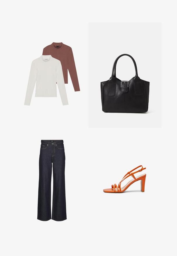 Duas camisolas de manga longa com gola alta: uma em branco e outra em castanho avermelhado, feitas de um material leve e elástico com um design justo.; Jeans de perna larga de cintura alta em denim escuro. Apresenta costuras clássicas, cinco bolsos e um fecho de botão na frente.; Sandal de salto alto laranja com tiras estreitas e bico quadrado. Apresenta um salto grosso e um fecho de fivela no tornozelo, feito de material liso.; Bolsa tote de couro preta com textura suave, forma estruturada, duas alças e um destaque prateado proeminente na parte da frente.