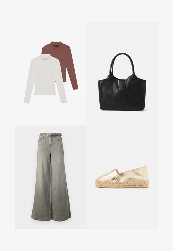 Dva dolga majica s turtleneck ovratnikom: ena v beli in ena v rjavi barvi, izdelana iz lahkega, raztegljivega materiala z oprijetim krojem.; Vero Moda Tall VMANNET WIDE BELT - Široke nogavice - medium grey denim; Zlatne metalik espadrile s zatvorenim vrhom i pletenom juta potplatom. Glatka tekstura s jednostavnim, elegantnim dizajnom. Minimalni detalji.; Crna kožna torba za nošenje s glatkom teksturom, strukturiranim oblikom, dvije ručke i istaknutim srebrnim kopčanjem na prednjoj strani.