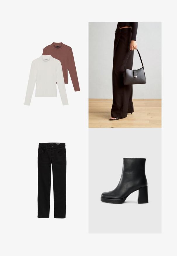 Dvoje dlhých rukávov s rolákovým golierom: jedny v bielej farbe a druhé v hrdzavej hnedej, vyrobené z ľahkej a elastickej tkaniny so priliehajúcim strihom.; Čierne rifle so rovnými nohavicami vyrobené z denimu, s gombíkom a zipsom na zapínanie, dvoma prednými vreckami a jemnými textúrnymi detailmi.; Čierne kožené členkové topánky s blokovým podpätkom a platformovou podrážkou, zobrazené z boku na bielom pozadí.; Čierna kabelka so štruktúrovaným tvarom, hladkou textúrou a kovovou sponou. V kombinácii so širokými čiernymi nohavicami a sandálmi s otvorenou špičkou na drevenej podlahe.