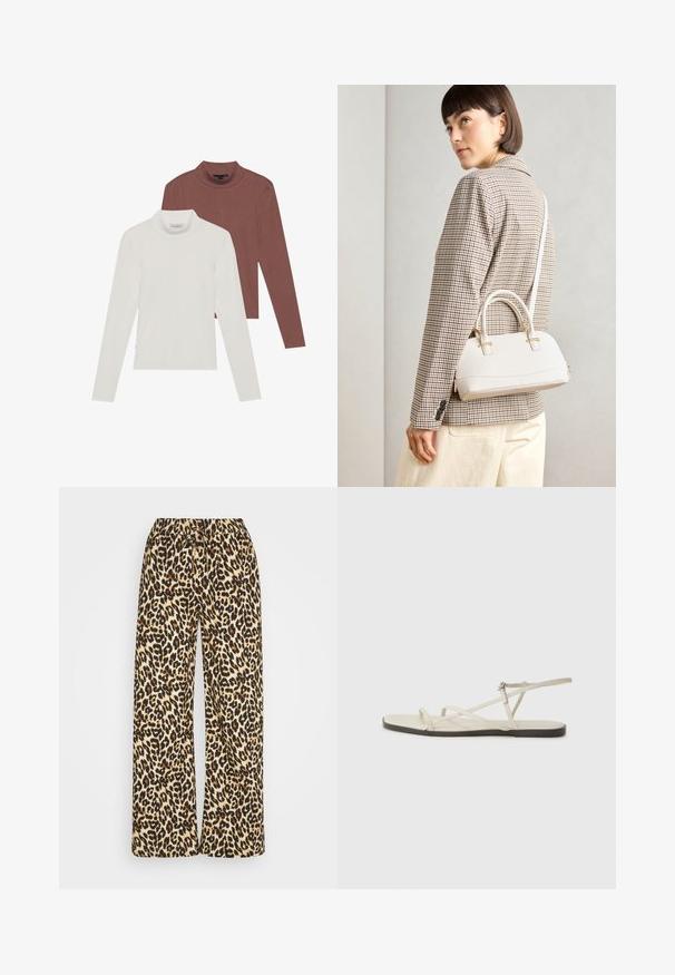 Du dužie ilgomis rankovėmis marškiniai: vieni balti, kiti rudai variniai, pagaminti iš lengvos, tamprios medžiagos su prigludusiu dizainu.; Lapas paisi plačios kelnės su elastinga juosmeniu ir raišteliu. Pasižymi smėlio spalvos fonu su ruda ir juoda dėmėmis.; Bežiniai plokšti sandalai su keliais lieknais dirželiais ir reguliuojamu užsegimu. Padas plokščias, su lengvu tamsiu kontrastu krašte.; Balta struktūruota rankinė su trumpomis rankenomis ir peties diržu, su auksinėmis detalėmis ir tekstūruota medžiaga, pastatyta prieš pilką foną.