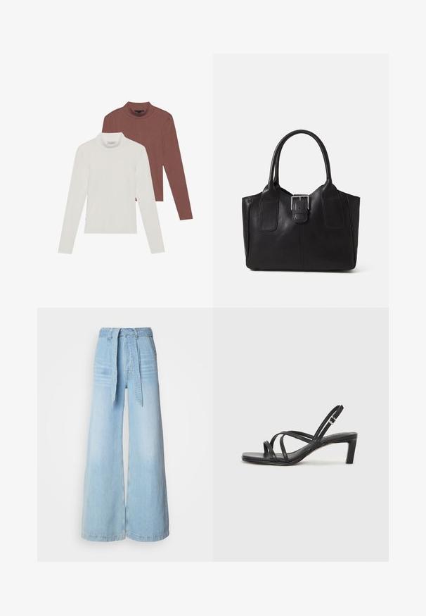 Két hosszúujjú garbós felső: az egyik fehér, a másik rozsdabarna, könnyű, rugalmas anyagból készült, testhez simuló fazonnal.; Világoskék, bő szárú farmernadrág magas derékkal, megkötős övvel, oldalsó zsebekkel és enyhén megkopott denim textúrával.; Fekete pántos szandál négyzetes orral és alacsony blokk sarkal. Több vékony pánttal és állítható boka pánttal rendelkezik. Sima bőrből készült.; Fekete bőr bevásárlótáska sima textúrával, strukturált formával, két fogantyúval és egy figyelemfelkeltő ezüst csattal az elején.
