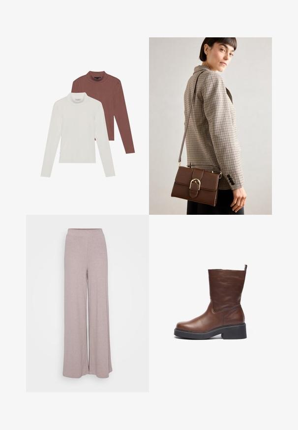 Két hosszúujjú garbós felső: az egyik fehér, a másik rozsdabarna, könnyű, rugalmas anyagból készült, testhez simuló fazonnal.; Széles lábú nadrág puha, bordázott anyagból, világos mályva színben. Rugalmas derékkal rendelkezik a kényelem érdekében és egy áramló sziluettel bír.; Barna bőr bokacsizma lekerekített orral, masszív fekete platform talppal és rövid szárával. Könnyű felhúzást segítő húzófüllel rendelkezik.; Barna bőr keresztpántos táska arany színű csattal, téglalap alakú, sima felületű és levehető pánttal.