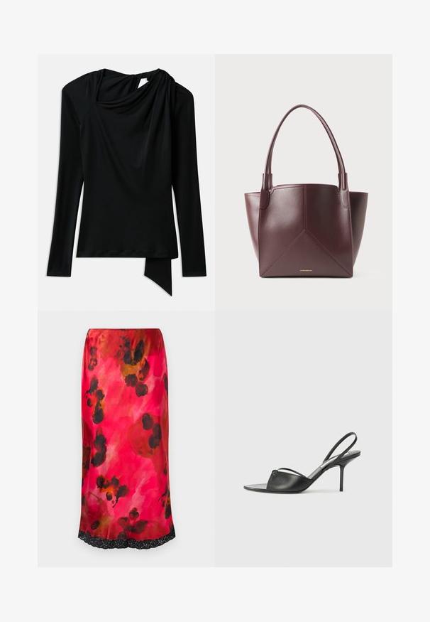 Long-sleeve black top made of smooth fabric, featuring a draped neckline, asymmetrical hem, and a cutout detail at the back.; Satin midi skirt featuring a pink watercolor floral pattern with black accents and lace trim at the hem. Smooth texture, fitted silhouette.; Black leather slingback heels with a pointed toe, thin ankle strap, and stiletto heel. Features a knotted detail on the vamp.; Dark brown leather tote bag with two handles and geometric panel stitching, featuring small gold brand text near the bottom center.
