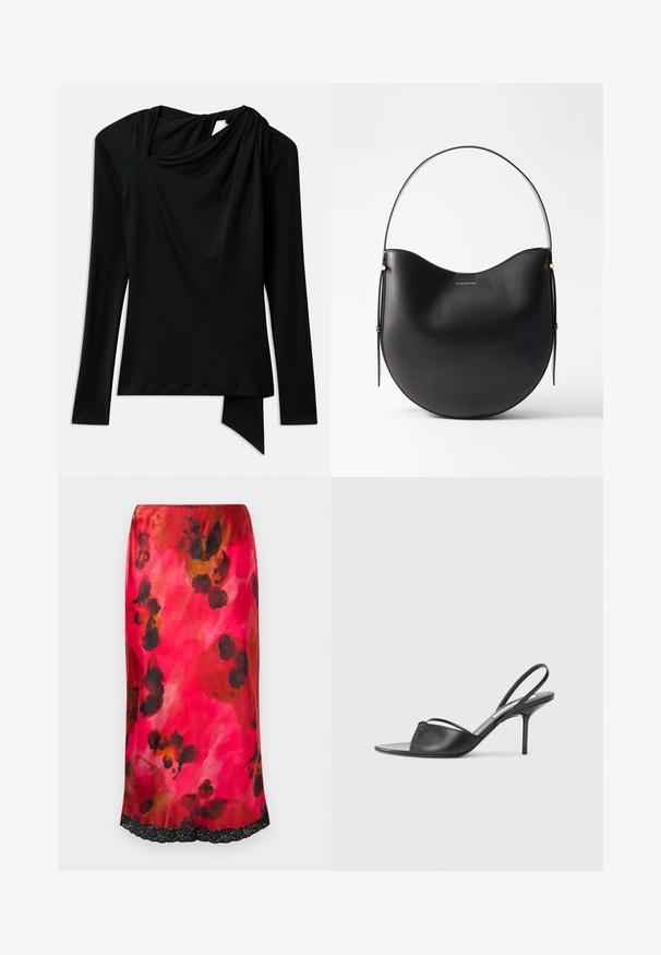 Blusa negra de manga larga hecha de tela suave, con un escote drapeado, un dobladillo asimétrico y un detalle en forma de corte en la parte posterior.; Falda midi de satén con un patrón floral en acuarela rosa y acentos negros, y detalle de encaje en el dobladillo. Textura suave, silueta ajustada.; Tacones slingback de cuero negro con punta afilada, tira delgada en el tobillo y tacón de aguja. Presenta un detalle anudado en el empeine.; Bolso de hombro de cuero negro con forma curvada, asas finas y sutiles acentos dorados. Textura suave con un diseño minimalista.