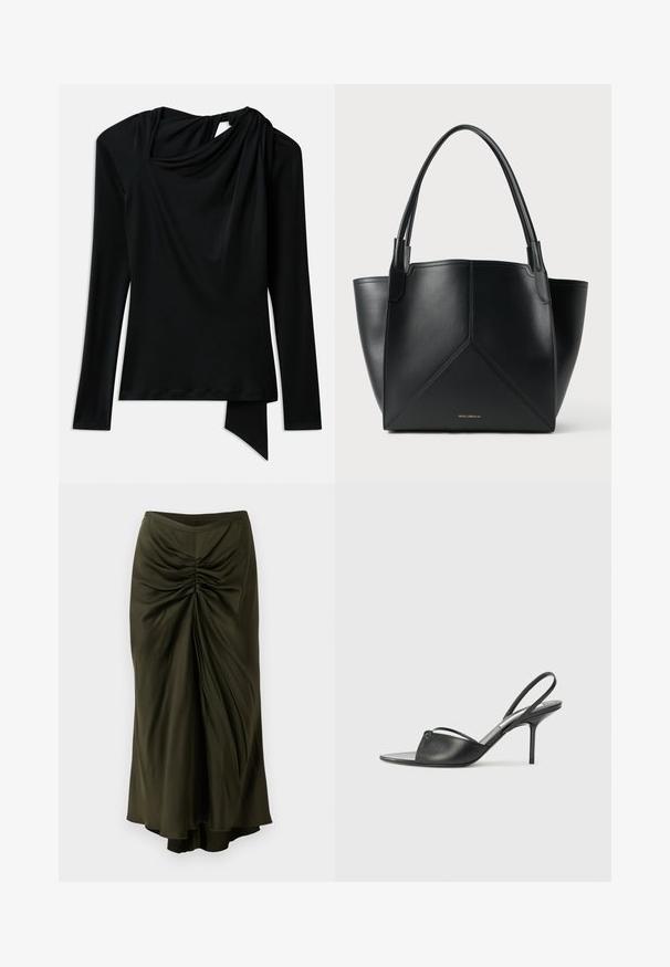 Pitkähihaista mustaa toppia, joka on valmistettu sileästä kankaasta. Siinä on laskeutuva pääntie, epäsymmetrinen helma ja leikkautuminen selässä.; Vihreä ryppyinen hame, joka on valmistettu sileästä, virtaavasta kankaasta. Hameessa on korkea vyötärö ja epäsymmetrinen helma, mikä lisää ulkonäköön ulottuvuutta.; Mustat nahkaslingback-kengät, joissa on terävä kärki, ohut nilkkaremmi ja stiletto-korko. Yksityiskohtana on solmittu detali vampissä.; Musta nahkainen kassi, jossa on geometrinen muotoilu, kahdella kahvalla ja kultaisella brändäyksellä edessä. Sujuva pinta ja jäntevä muoto.