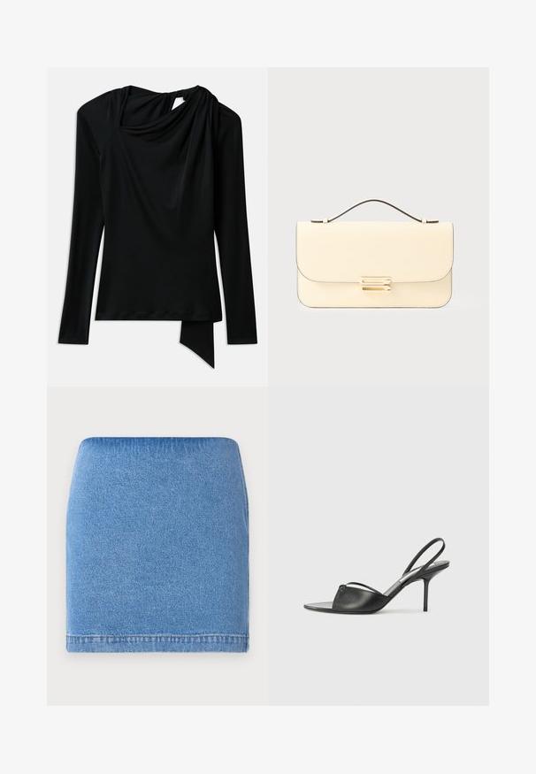 Zwarte top met lange mouwen van gladde stof, voorzien van een gedrapeerde halslijn, asymmetrische zoom en een uitsnijding aan de achterkant.; Denim mini-jurk in lichtblauw met een aansluitend ontwerp, rechte zoom en subtiele textuur. Geen zichtbare sluitingen of zakken.; Zwarte leren slingback hakken met een spitse neus, dunne enkelband en stiletto hak. Bevat een geknoopte detail op de bovenkant.; Crème kleurige leren handtas met bovenhandvat en goudkleurige rechthoekige sluiting op een effen lichte achtergrond.