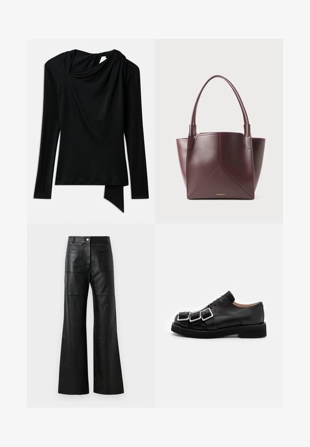Čierny top s dlhými rukávmi vyrobený z hladkej látky, s drapovaným výstrihom, asymetrickým lemom a výrezom na chrbte.; Čierne kožené nohavice s širokými nohavicami, prednými vreckami a zapínaním na gombík. Materiál je hladký, s jemným leskom a viditeľnými švovými detailmi.; N°21 DERBY - Šnurovačky - black; Tmavohnedá kožená taška cez rameno s dvoma uchami a geometrickým prešívaním, so zlato sfarbeným textom značky blízko spodného stredu.