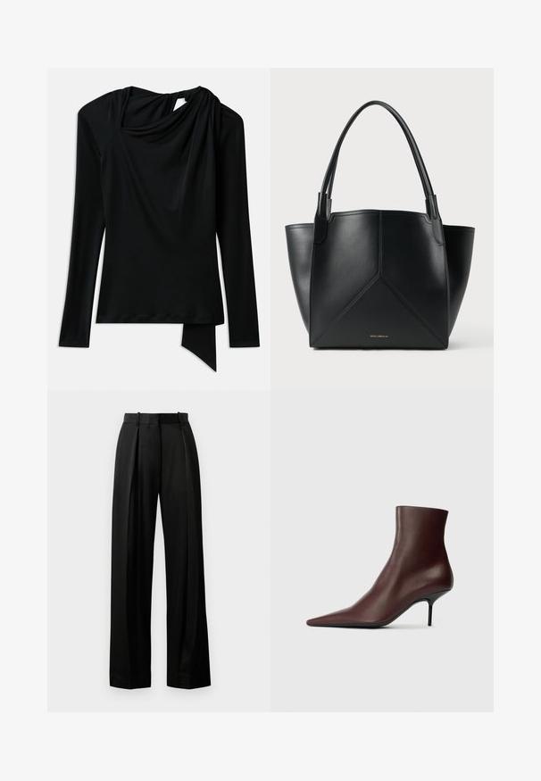 Juodas ilgomis rankovėmis viršus, pagamintas iš lygaus audinio, su drapiruotu kaklu, asimetriniu apačiu ir išpjova nugaroje.; Juodos plačios kojos kelnės, pagamintos iš lengvos medžiagos, su pritaikytu siluetu, turinčios priekinę raukšlę ir plokščią juosmenį su kilputėmis.; Bordo odinė kulkšninių batai su smailiu nosiu ir elegantišku, prigludusiu dizainu; turi ploną juodą stiletą.; Juodas odinis nešiojimo krepšys su geometriniu dizainu, turintis dvi rankenas ir auksinį prekės ženklą priekyje. Lygus paviršius ir struktūrizuota forma.