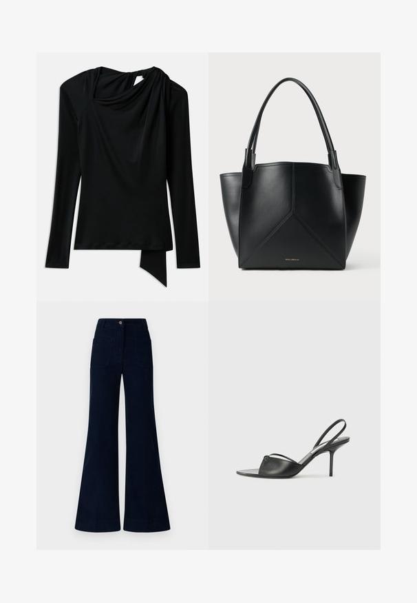 Melnas garām piedurknēm topa izstrādājums, izgatavots no gludas auduma, ar drapētu dekoltē, asimetrisku apakšmali un izgriezumu detaļu aizmugurē.; Tums zila flared džinsu bikses ar vidējo vidukli, ar divām aizmugurējām kabatām un pogu aizdari. Izgatavotas no denima ar gludu tekstūru.; Melnas ādas siksniņu augstpapēžu kurpes ar norādītu purngalu, plānu potītes siksniņu un stiletto papēdi. Arī ar sasietu detaļu uz vamp.; Melnas ādas plecu soma ar ģeometrisku dizainu, kas aprīkota ar divām rokturiem un zeltainu zīmolu priekšpusē. Gluda tekstūra un strukturēta forma.