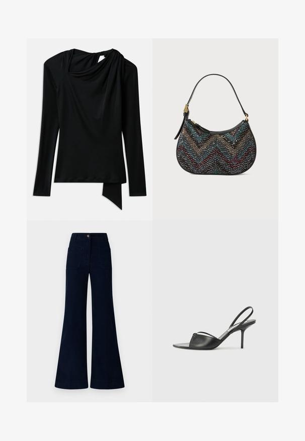 Hosszú ujjú fekete felső sima anyagból, drapírozott nyakkivágással, aszimmetrikus szegéllyel és kivágással a háton.; Közép derékú, tengerészkék, bővülő farmernadrág, hátul két zsebbels és gombos zárással. Simaságával jellemezhető farmerből készült.; Fekete bőr, hátsó pántos, hegyes orrú magassarkú cipők vékony bokapánttal és stiletto sarkukkal. Az orrban csomózott részlet található.; Fekete táska ívelt formával, színes chevron mintázattal és fémszállal. Bőr pánttal és arany színű kiegészítőkkel rendelkezik.