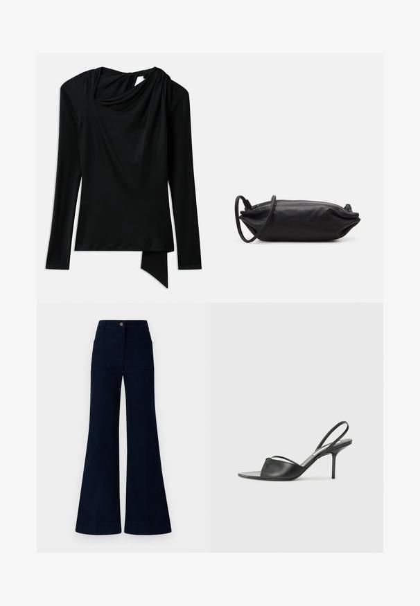 Dugih rukava crna majica od glatkog materijala, s drapiranim izrezom, asimetričnom donjom ivicom i izrezom na leđima.; Tamno plave široke traperice s srednjim strukom, sa dva stražnja džepa i zatvaranjem na gumb. Izrađene su od denima s glatkom teksturom.; Crne kožne sandale sa otvorenom petom, s izduženim nosom, tankim remenom oko gležnja i stiletto potpeticom. Imaju čvorasti detalj na prednjem delu.; Crna kožna torbica za večernje izlaske pravokutnog oblika, glatke teksture, s tankim remenom za rameno i minimalističkim dizajnom.