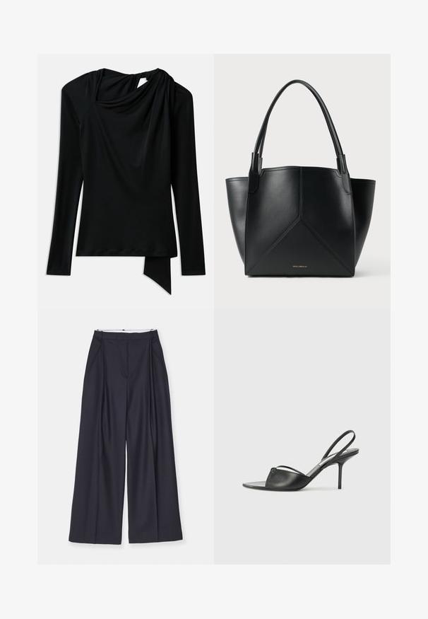 Pikad varrukad must pluus sujuvast kangast, millel on volditud kaelus, ebatasane helia ja lõhiku detail taga.; Victoria Beckham WIDE LEG TROUSER - Püksid - midnight; Mustaid nahk slingback kontsad terava nokaga, peene pahklu rihmaga ja stilettokandaga. Omab sõlme detaili vampi peal.; Must have geomeetrilise disainiga must nahast käekott, millel on kaks käepidet ja kuldne bränding esiküljel. Sile tekstuur ja struktureeritud kuju.