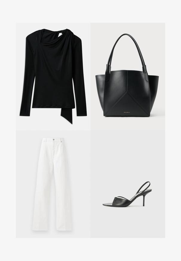 Juodas ilgomis rankovėmis viršus, pagamintas iš lygaus audinio, su drapiruotu kaklu, asimetriniu apačiu ir išpjova nugaroje.; Balti pločio baltos kelnių kelnes, pagamintas iš medvilnės, su aukštu liemeniu, priekiniu raukiniu ir užtrauktuku su vienu sagutė.; Juodos odinės slingback aukštakulnės bateliai su smailiu priekiniu galu, plona kulkšnies juostele ir stiletto kulnu. Papuošti mazginio detalė vampyro dalyje.; Juodas odinis nešiojimo krepšys su geometriniu dizainu, turintis dvi rankenas ir auksinį prekės ženklą priekyje. Lygus paviršius ir struktūrizuota forma.