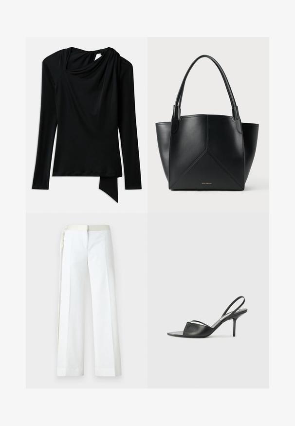 Melnas garām piedurknēm topa izstrādājums, izgatavots no gludas auduma, ar drapētu dekoltē, asimetrisku apakšmali un izgriezumu detaļu aizmugurē.; Balti plati bikses, izgatavotas no gludas auduma, ar plakanu priekšpusi, kabatām un gaiši zaļas satīna jostas ar saišu detaļu.; Melnas ādas siksniņu augstpapēžu kurpes ar norādītu purngalu, plānu potītes siksniņu un stiletto papēdi. Arī ar sasietu detaļu uz vamp.; Melnas ādas plecu soma ar ģeometrisku dizainu, kas aprīkota ar divām rokturiem un zeltainu zīmolu priekšpusē. Gluda tekstūra un strukturēta forma.