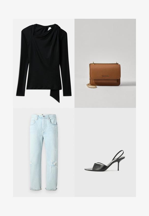 Dolga črna majica z dolgimi rokavi, izdelana iz gladkega materiala, z drapiranim ovratnikom, asimetričnim robom in izrezom na hrbtu.; Svijetloplave traperice opuštenog kroja, s istaknutim rupicama sprijeda, motanim rubovima i klasičnim dizajnom s pet džepova.; Črni usnjeni slingback petni čevlji z ostrim nosom, tankim zapestnim trakom in stiletto peto. Imajo zanko na površini.; Rjava teksturirana usnjena torba čez ramo z zlatim verižnim trakom in zapiranjem na pokrov. Spredaj je vidna podrobnost logotipa in žep pod pokrovom.