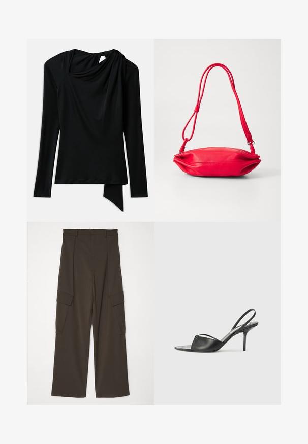 Dugih rukava crna majica od glatkog materijala, s drapiranim izrezom, asimetričnom donjom ivicom i izrezom na leđima.; Smeđe široke cargo hlače od teksturirane tkanine, s dva bočna džepa s preklopima i ravnim krojem od struka do rubova.; Crne kožne sandale sa otvorenom petom, s izduženim nosom, tankim remenom oko gležnja i stiletto potpeticom. Imaju čvorasti detalj na prednjem delu.; Crvena kožna torba s tankim, zaobljenim oblikom. Ima jedan podesivi remen i glatku teksturu s suptilnim detaljima šivanja.